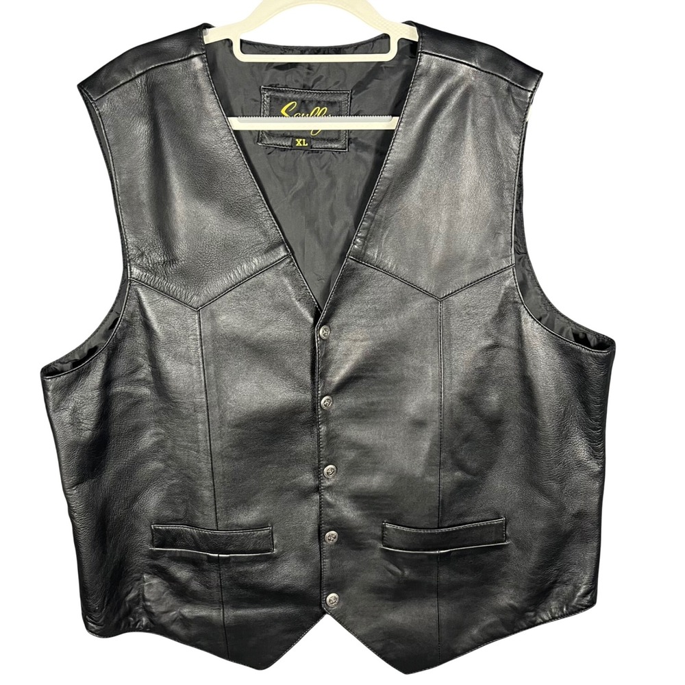 Scully Leather Vest Mens XL Black Western Biker Star Snap Button V-Neck Lined
